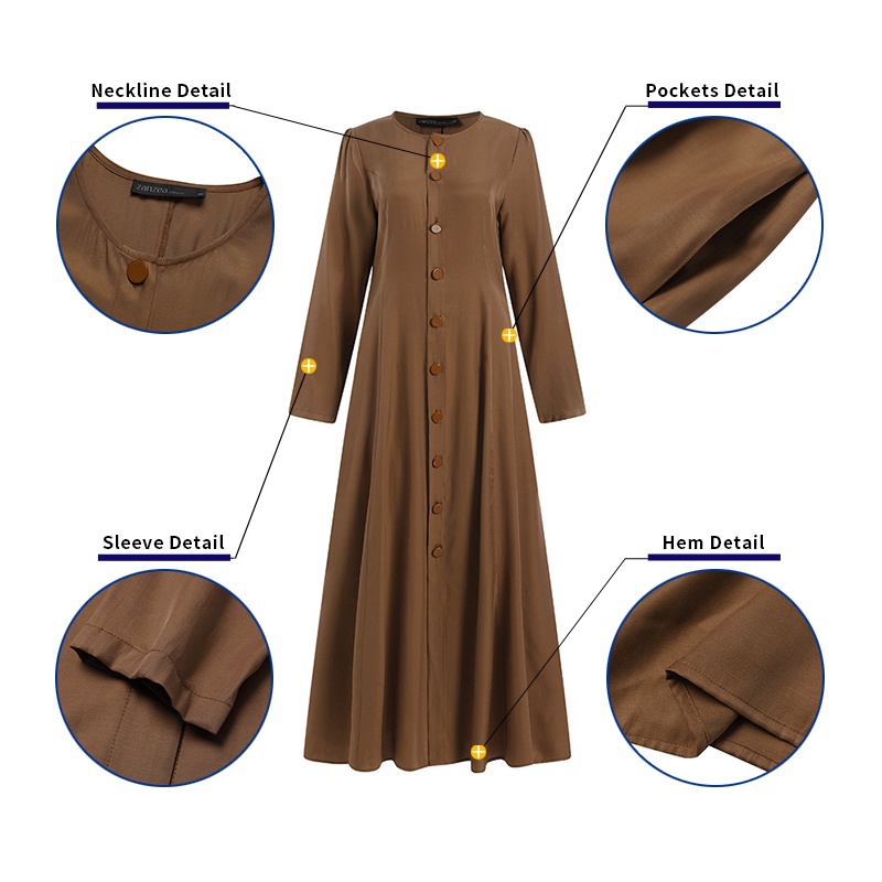 Đầm maxi Zanzea tay dài cài nút phong cách vintage Hồi Giáo cho nữ