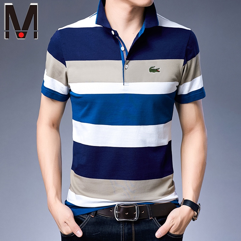 Áo Thun Polo Nam Tay Ngắn Họa Tiết Sọc Ngang Phối Màu Đơn Giản Thời Trang