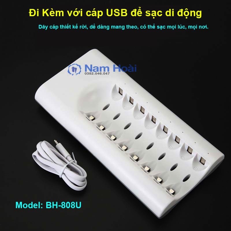 Bộ sạc 8 khe cắm thông minh BMAX BH-808U cổng USB Pin sạc AA, AAA 1.2V, 1.5V