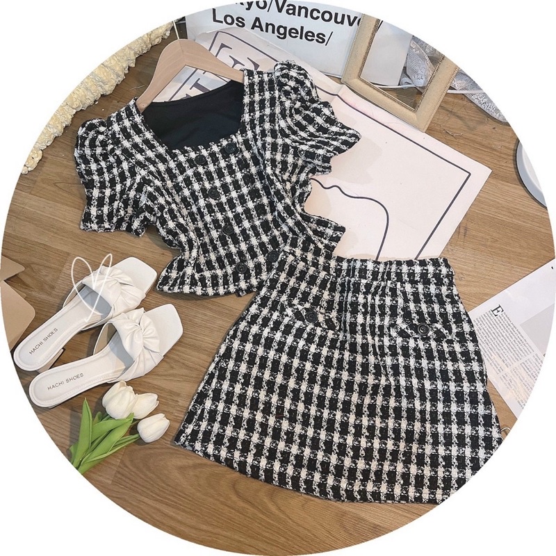 SET ÁO DẠ CARO ĐEN NÚT DỌC +  CHÂN VÁY