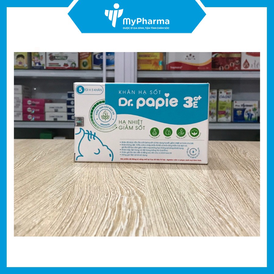 Khăn hạ sốt Dr. Papie 3+ - hạ nhiệt giảm sốt (5 túi x 5 khăn)