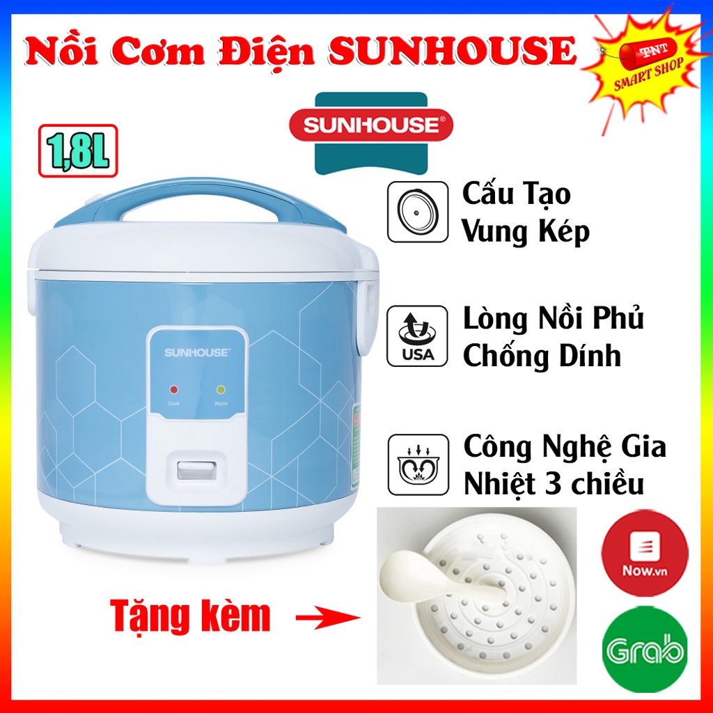 Nồi Cơm Điện 1.8L Sunhouse SHD8622G, Công Suất 700W Nấu Nhanh, Sản Xuất Tại Việt Nam ( Tặng Kèm Giá Hấp, Muôi Lấy Cơm)