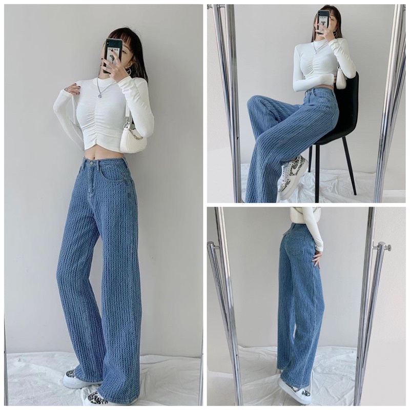 Quần Jean Nữ Ống Rộng Lưng Cao Họa Tiết Siêu Chất