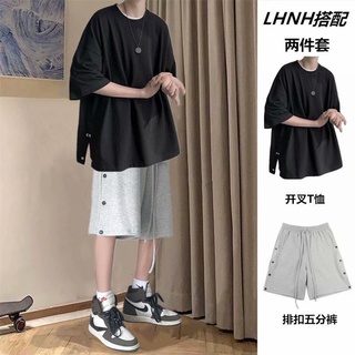 Áo Thun Tay Lửng Dáng Rộng Màu Trơn Xẻ Tà Thời Trang Đường Phố Cá Tính Cho Nam 2021