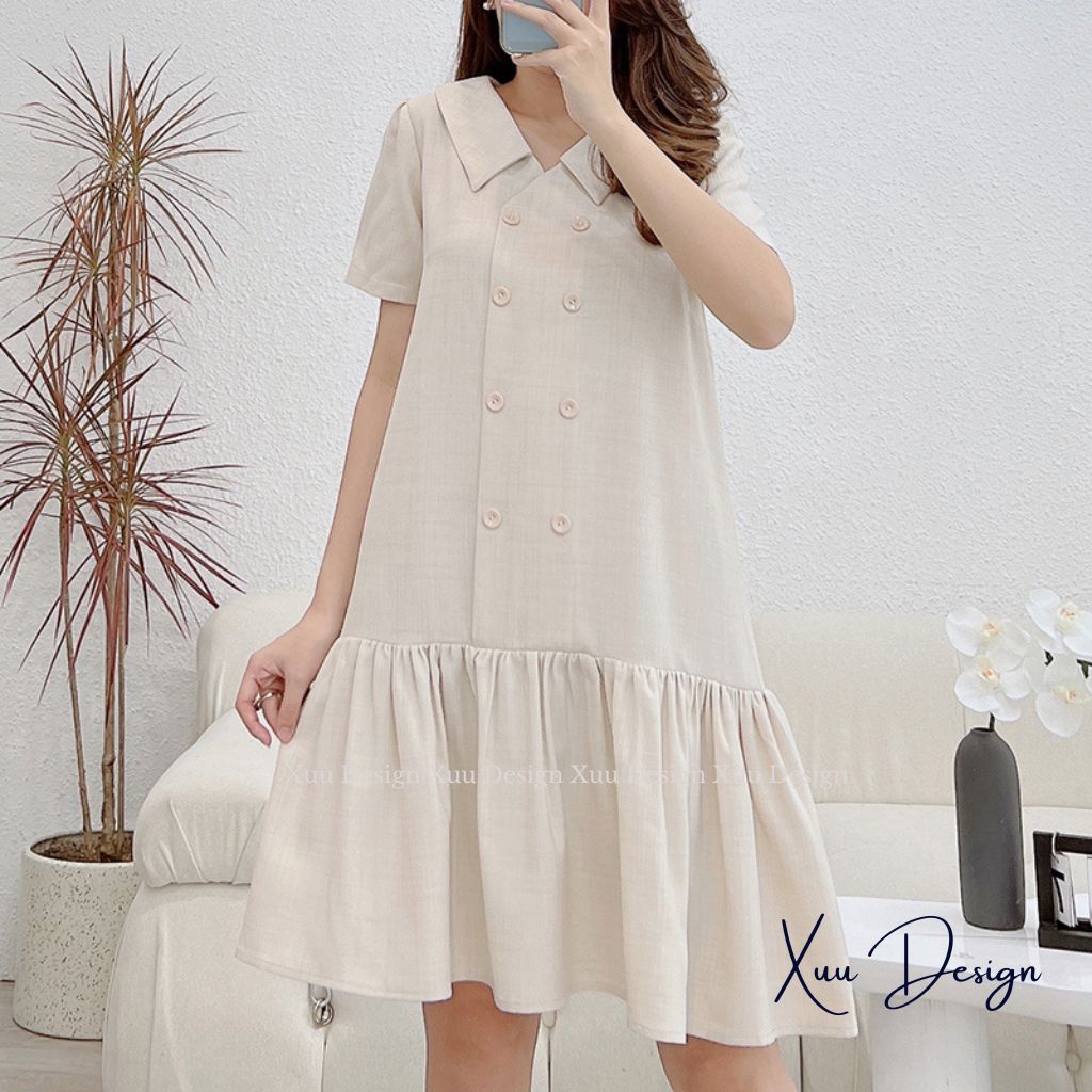 Đầm nữ thiết kế dáng babydoll XUU tay ngắn phối cúc vải tơ hàn cao cấp thời trang thanh lịch- V14