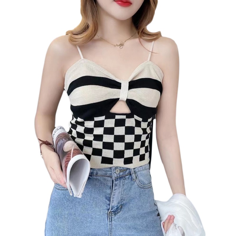 Áo Croptop Hai Dây Dệt Kim Cổ Chữ V Thắt Nút Trước Họa Tiết Kẻ Sọc Thời Trang Mùa Hè Quyến Rũ Cho Nữ