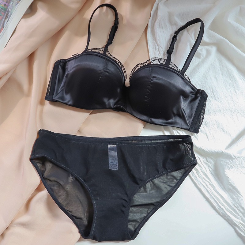 AB999-Bộ đồ lót nữ đệm mỏng cup ngang có gọng ren lụa satin mềm mại thoáng mát