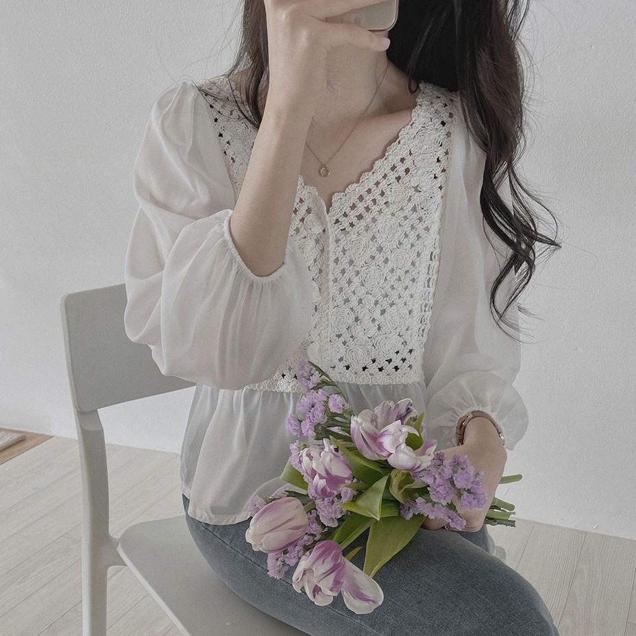 Áo sơ mi chiffon tay dài phối ren phong cách cho nữ 42253