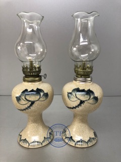 Combo 2 đèn thờ đốt dầu men rạn vẽ sen