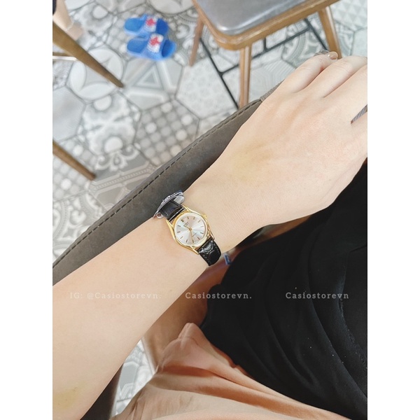 Đồng hồ nữ Casio LTP-1094Q-7A, đồng hồ chính hãng, dây da đen mặt ánh vàng, viền vàng