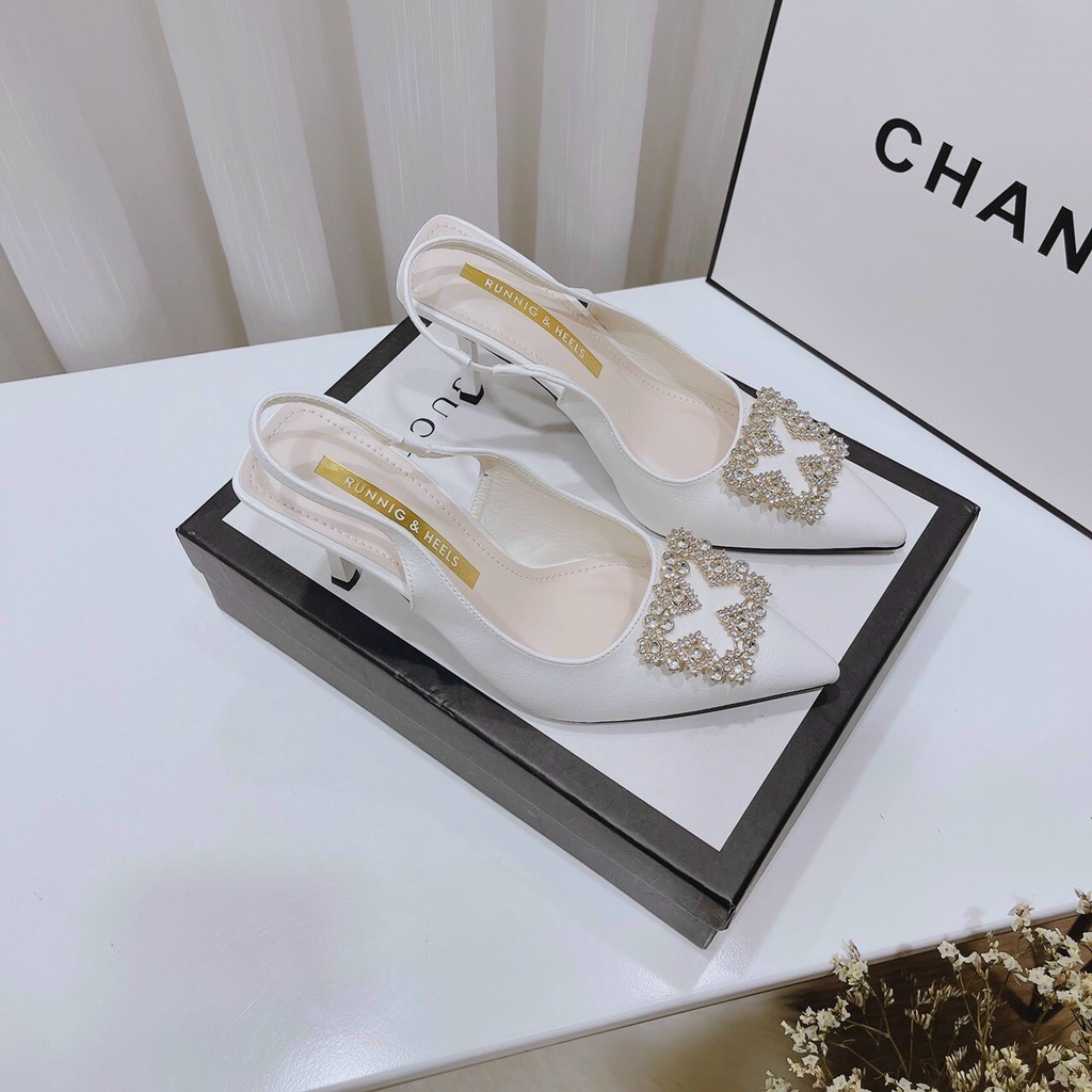Giày sandal nữ, giày cao gót mũi nhọn chất da phốt với đá quai thun đế 5p đi êm chân -K2
