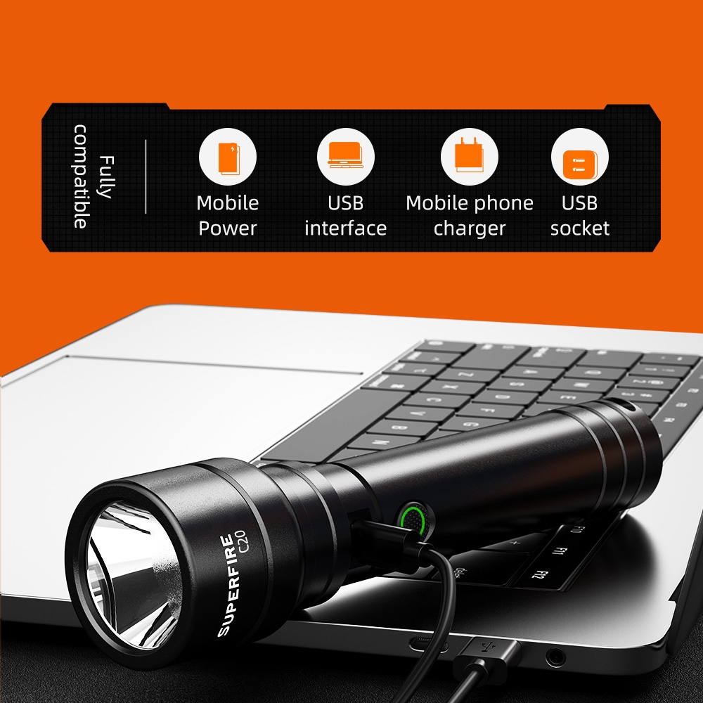 Đèn pin SUPERFIRE C20/C20-A/C20-T cầm tay công suất 15W chống nước sạc bằng cáp usb tiện dụng cho hoạt động ngoài trời