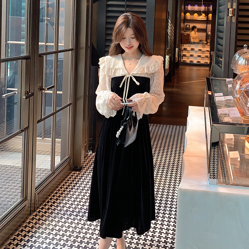 Đầm Nhung Cổ Búp Bê Phối Ren Phong Cách Pháp Thời Trang Mùa Xuân K4444 Hàng Có Sẵn 2022