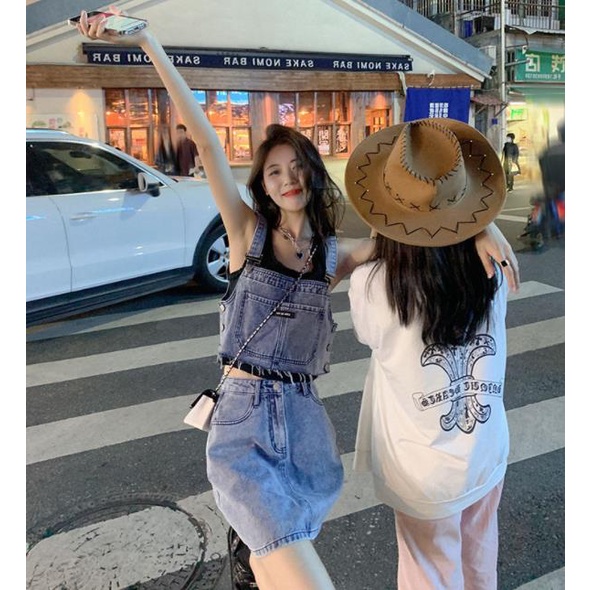 Zeng Xiaoxian Váy Denim Hai Dây Dáng Ngắn Eo Cao Thời Trang Xuân Hè Kiểu Đường Phố Ngọt Ngào