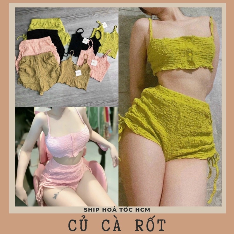 HOT Set bộ áo croptop nút quần dây rút hot trend chất đũi loại 1 mềm mịn