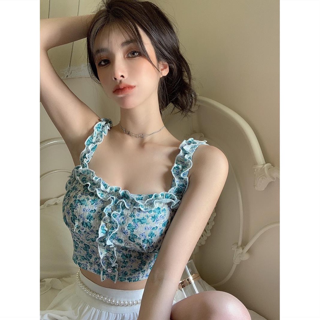 Áo Hoa Hai Dây Dáng Ngắn Phong Cách Retro Pháp Thời Trang Mùa Hè