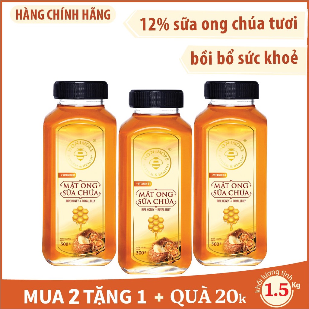 Set 2 chai Mật ong rừng sữa chúa Honimore 500g [TẶNG 1 CHAI 500G} - tăng sức đề kháng, chống lão hoá, giảm cân, đẹp da