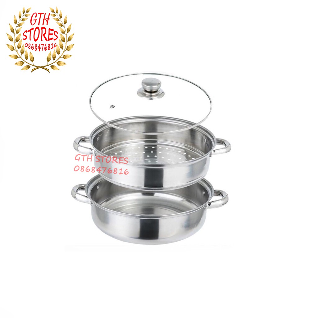 Nồi hấp inox 2 Tầng nắp kính  - 3 Tầng tiện lợi 2 vỉ hấp, Bằng Thép Không Gỉ - GTH MART