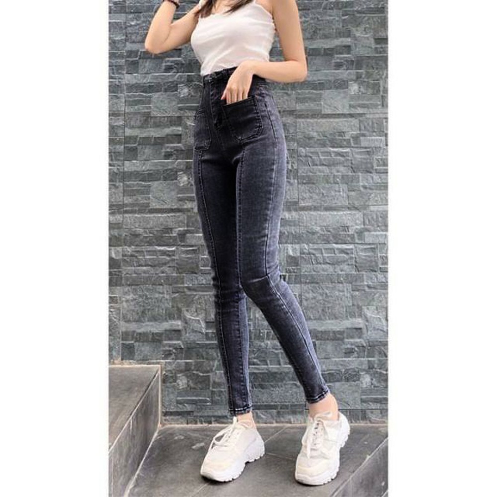 Quần dài jeans nữ co giãn cạp siêu cao SAIGONJEAN đắp 2 túi vuông QD004 – quần bò nữ cạp siêu cao