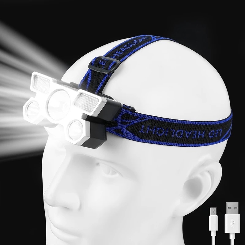 Đèn led đeo đầu 5 bóng mạnh kèm pin sạc USB chống thấm nước tiện dụng mang theo du lịch dã ngoại