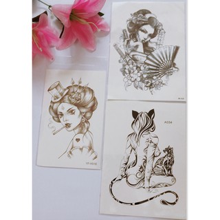 Combo 3 tấm hình xăm dán cô gái hiện đại trắng đen 15x22cm- mua 1 tặng 1 mini tattoo