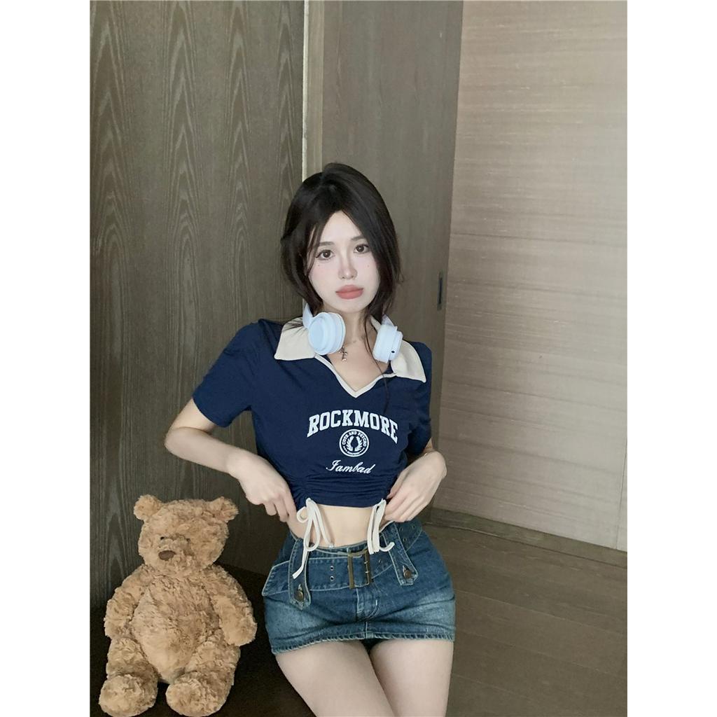 Áo Thun Ngắn Mỏng Cổ polo Rút Dây Màu Sắc Nổi Bật Thời Trang Cho Nữ