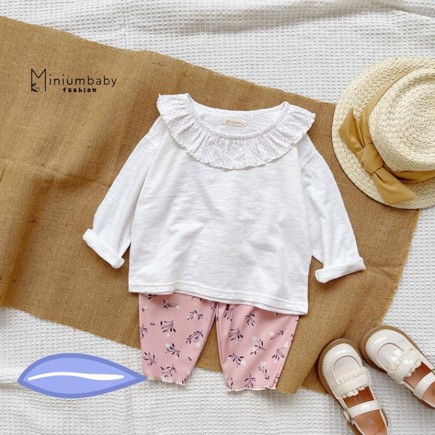 Bộ đồ dài tay cổ bèo quần dài in hoa thu đông cho bé gái chất liệu 100% cotton, quần áo trẻ em MiniumBaby-SB1280