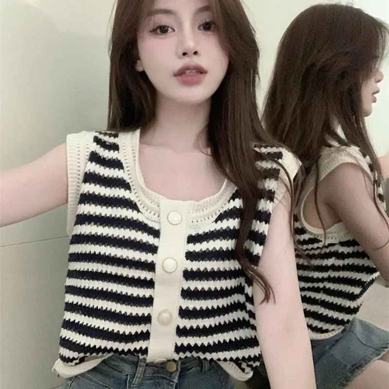 Áo thun SUXI dệt kim không tay dáng rộng họa tiết kẻ sọc thời trang mùa hè dành cho nữ