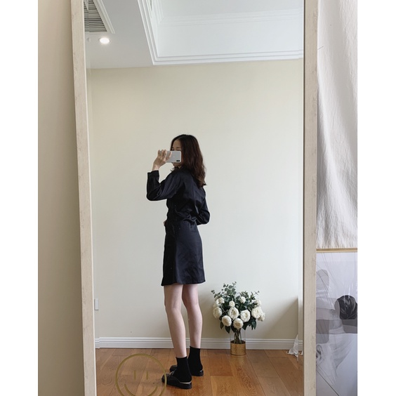 Váy sơmi đen chất lụa dúm eo siêu sang cho nữ , váy xòe ngắn nhún eo cao cấp (Hình thât/có sẵn) | BigBuy360 - bigbuy360.vn