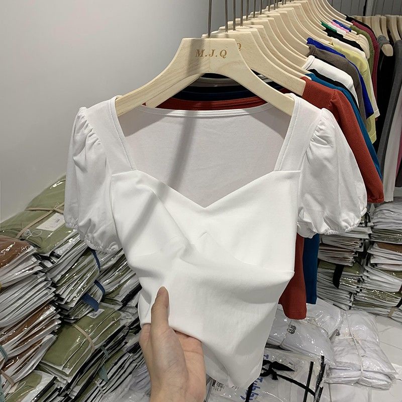 Áo thun BH tay ngắn phồng chất liệu cotton 2022 thời trang mùa hè cho nữ