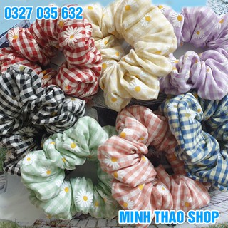 Dây Buộc Tóc Vải Scrunchies Co Giãn Phối Màu Cổ Điển - Cột Tóc Kẻ Caro Hoa Cúc Mới