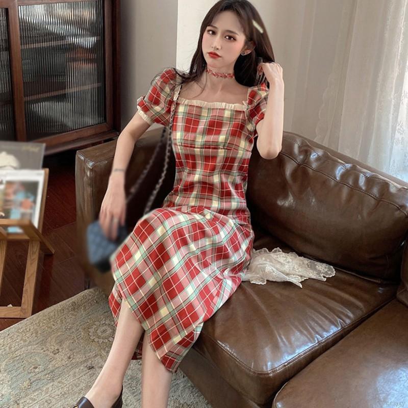 Đầm Nữ Tay Phồng Cổ Vuông Nhấn Eo Phong Cách Retro Pháp Thanh Lịch