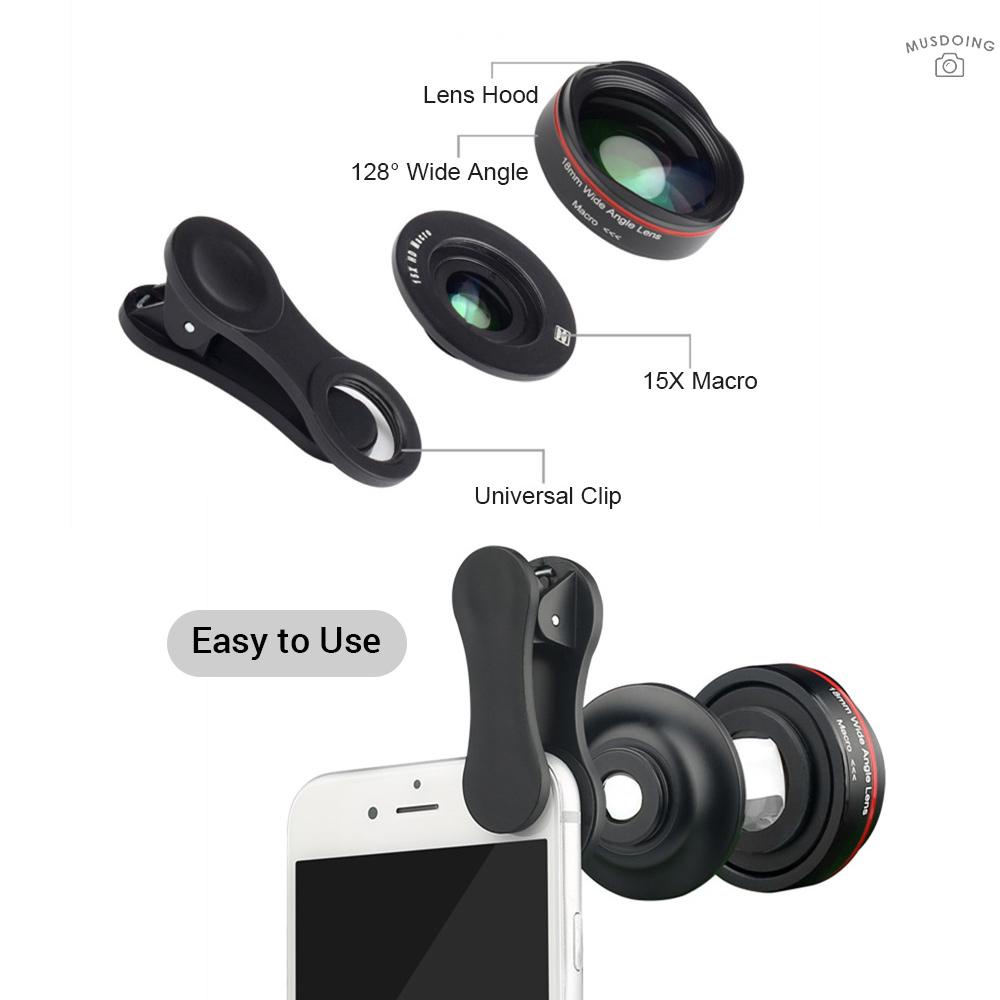 ღ  5K Ultra HD Smartphone Camera Lens 18mm 128° Wide-angle 15X Macro Phone Lens Distortionless with Universal Clip Compatible with iPhone Samsung Huawei Smartphones