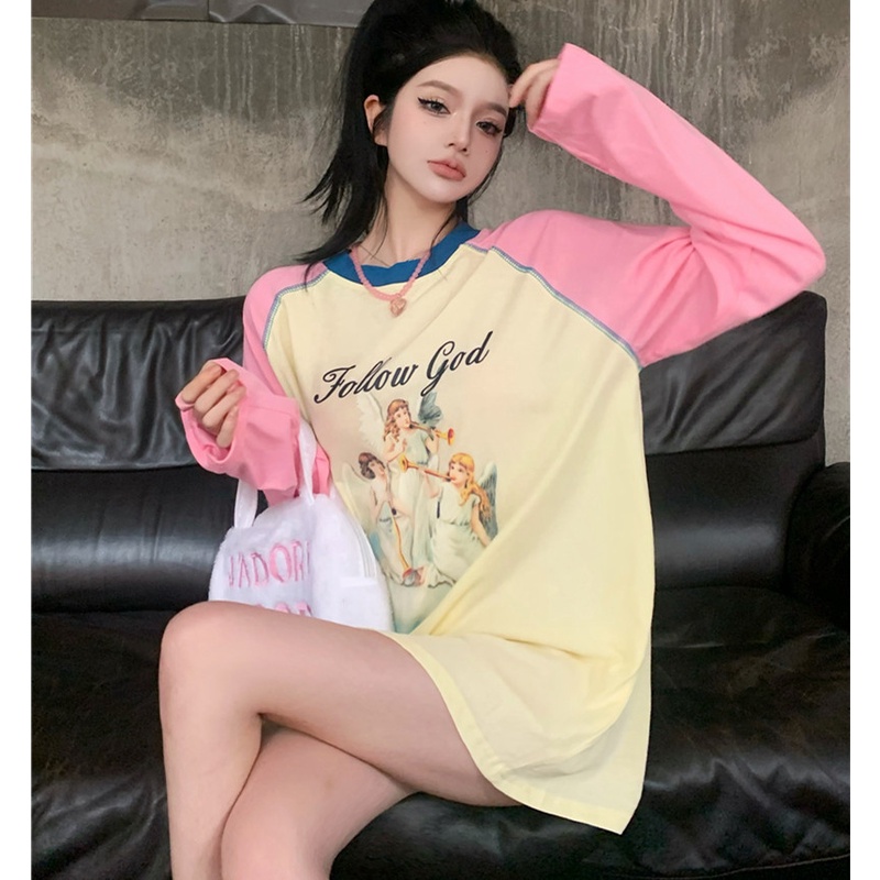 Áo Thun Tay Dài Dáng Rộng Màu Sắc Tương Phản Thời Trang Mùa Thu