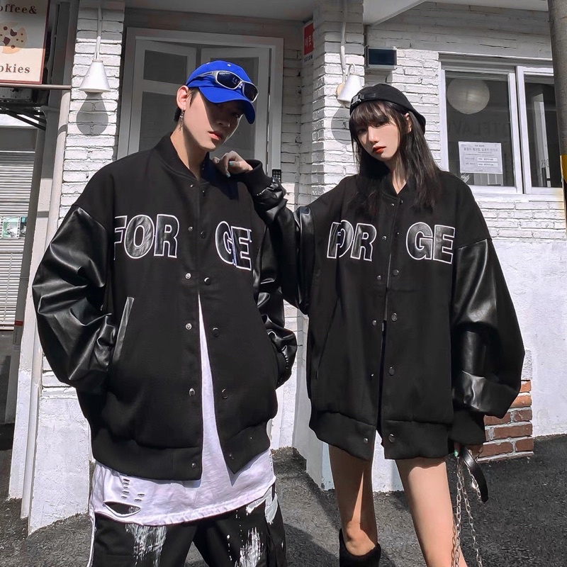 Áo khoác bomber tay da chữ FORGET from rộng unisex cho cả nam và nữ style ulzzang