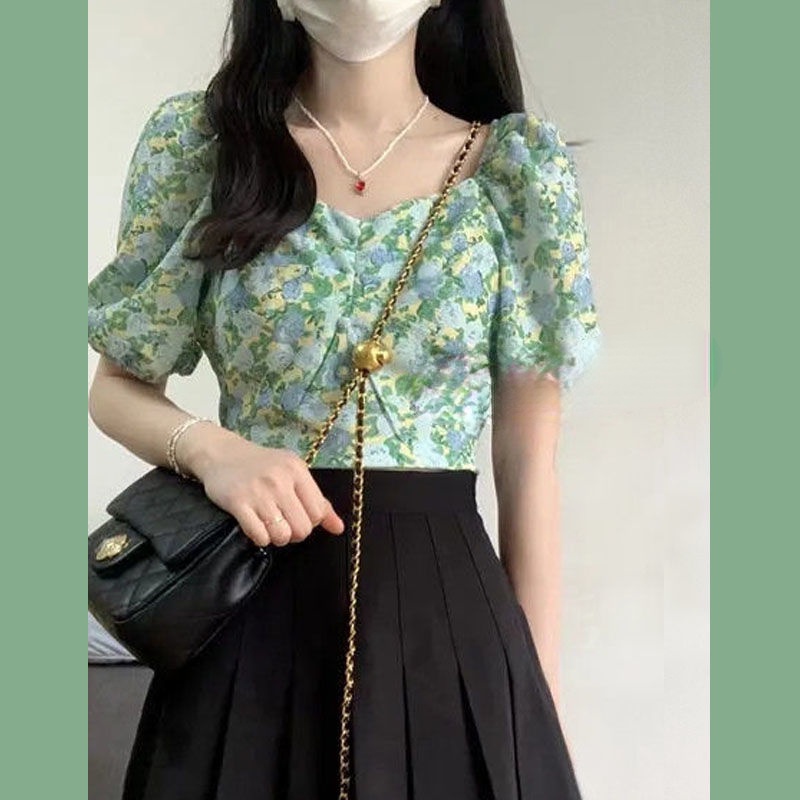 Bộ Áo Tay Phồng + Chân Váy Xếp Ly In Họa Tiết Hoa Thời Trang Mùa Hè Xinh Xắn Cho Nữ