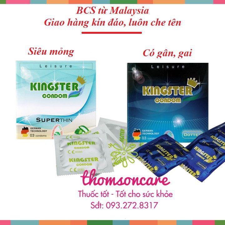 Bao cao su Kingster từ Malaysia Hộp 3 chiếc bcs siêu mỏng, gân gai - Giao hàng kín đáo, che tên