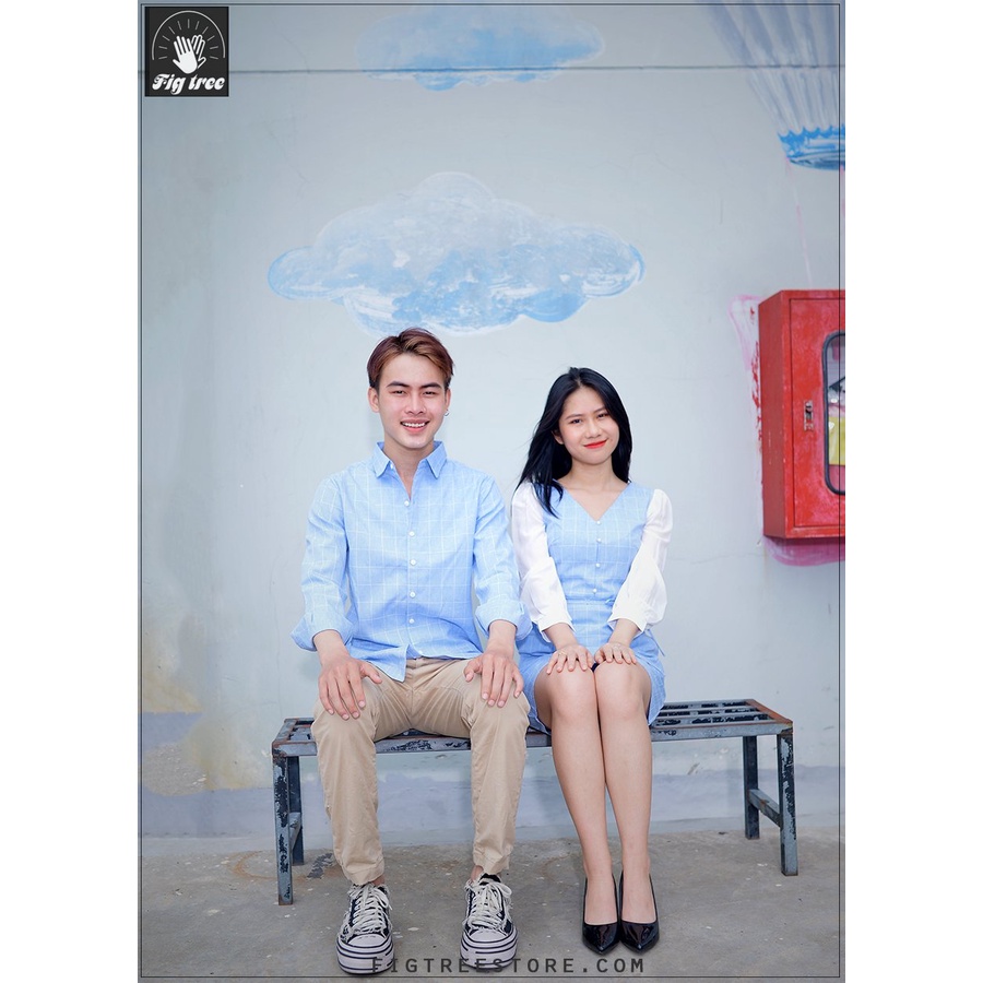 Set Sơ Mi Váy Đôi FIGTREE Caro Xanh Nhạt Tươi Mát Mã 126B
