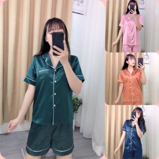 [XẢ GIÁ GỐC] Bộ Mặc Nhà Pijama Lụa Cao Cấp Tay Ngắn Quần Cộc 4 Màu Trơn Viền Trắng [ẢNH + CLIP THẬT]