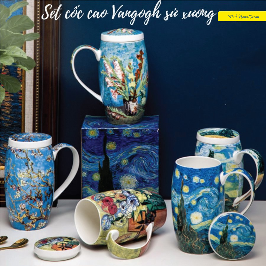Set cốc uống trà, cafe sứ xương cao cấp Tranh Van Gogh kèm nắp, thìa có hộp đẹp