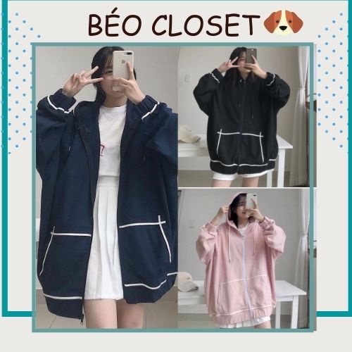 Áo khoác nỉ hoodie nữ form rộng có mũ thu đông phối viền bomber A12 Màu đen xanh hồng Béo Closet
