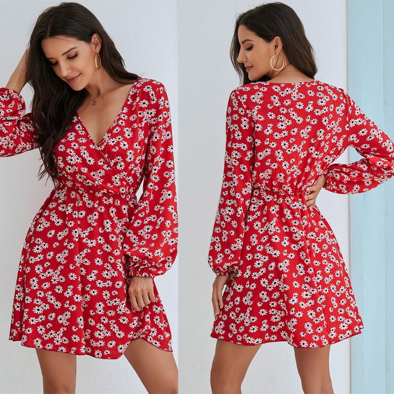 Đầm Midi Tay Dài Cổ Chữ V Họa Tiết Hoa Cúc Phong Cách Boho Quyến Rũ Cho Nữ