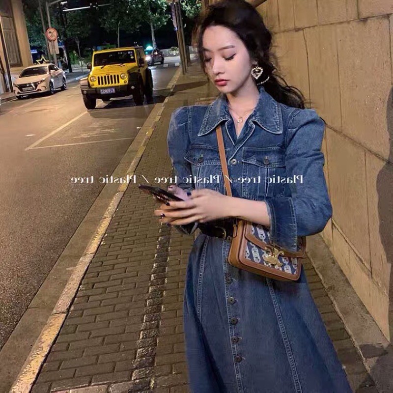 Đầm midi denim xoè thời trang, váy bò dáng xoè dài, đầm bò dáng dài sang chảnh