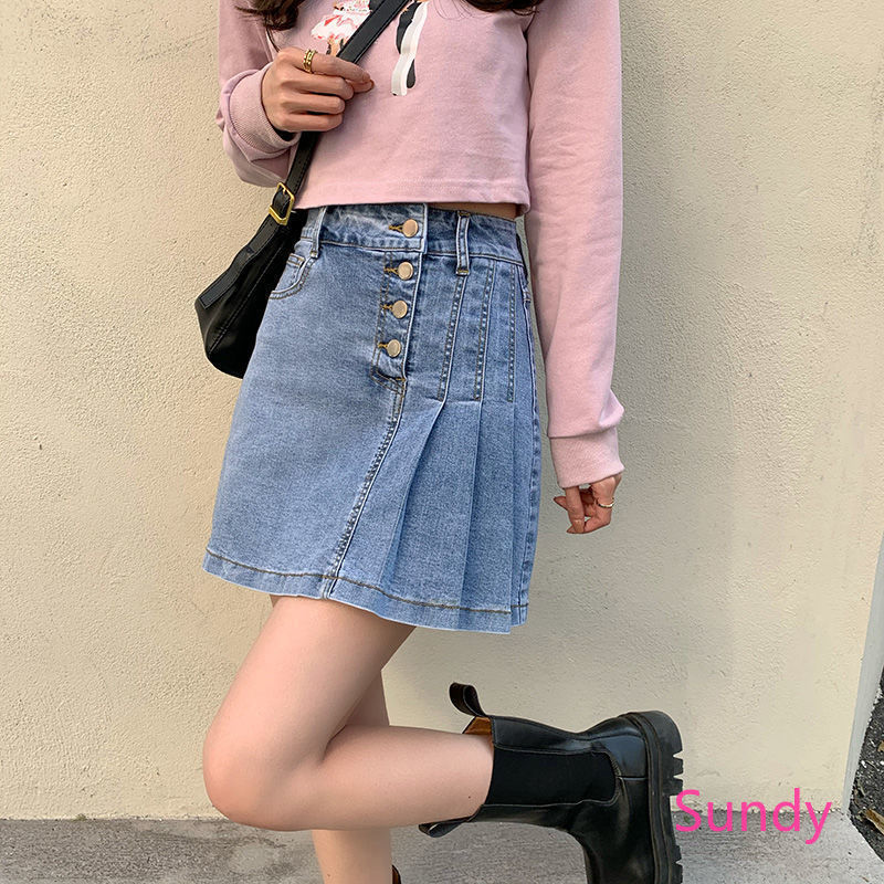 Chân váy jean dáng chữ a lưng cao xếp ly thời trang mùa hè cho nữ