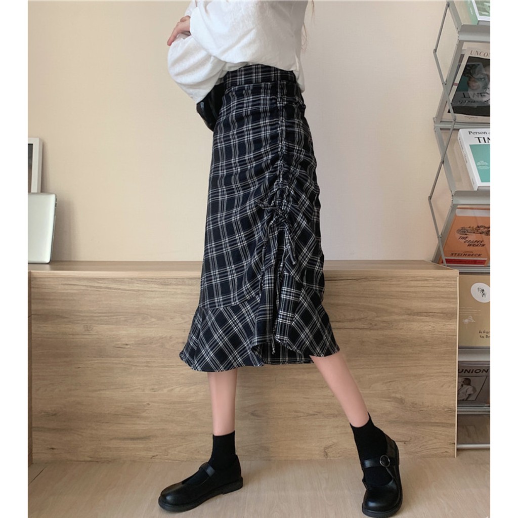 Chân Váy Chữ A Ulzzang Lưng Cao Kẻ Sọc Caro Vạt Bèo Rút Dáng Midi Siêu Cá Tính - Mã CV16