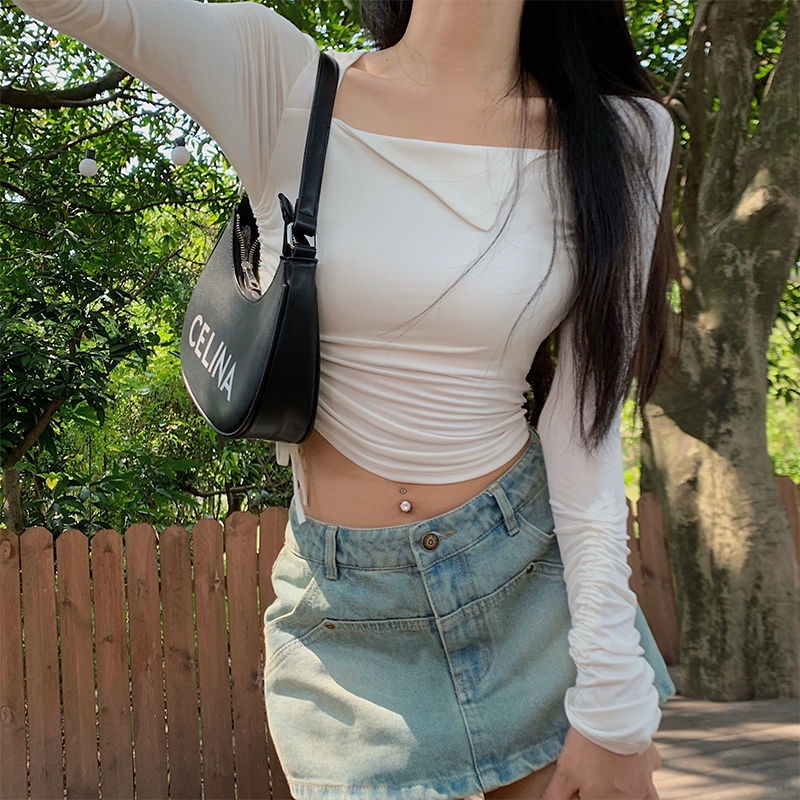 COZOK Áo Thun Croptop Tay Dài Cổ Vuông Phối Dây Rút Thiết Kế Độc Đáo Phong Cách Vintage