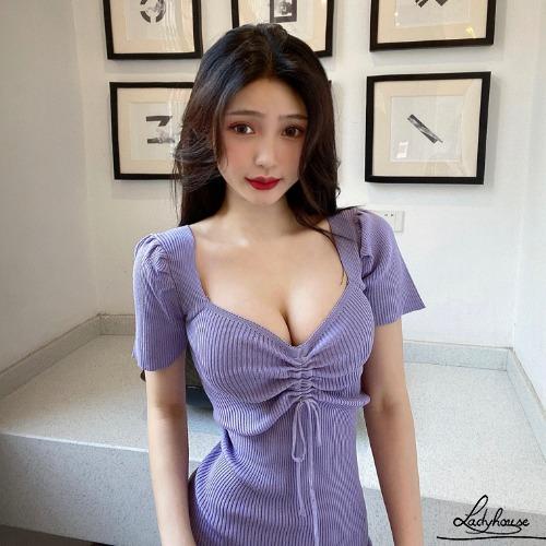 Đầm Ngắn Ôm Dáng Tay Ngắn Cổ Chữ V Màu Sắc Trơn Có Dây Rút Dành Cho Nữ