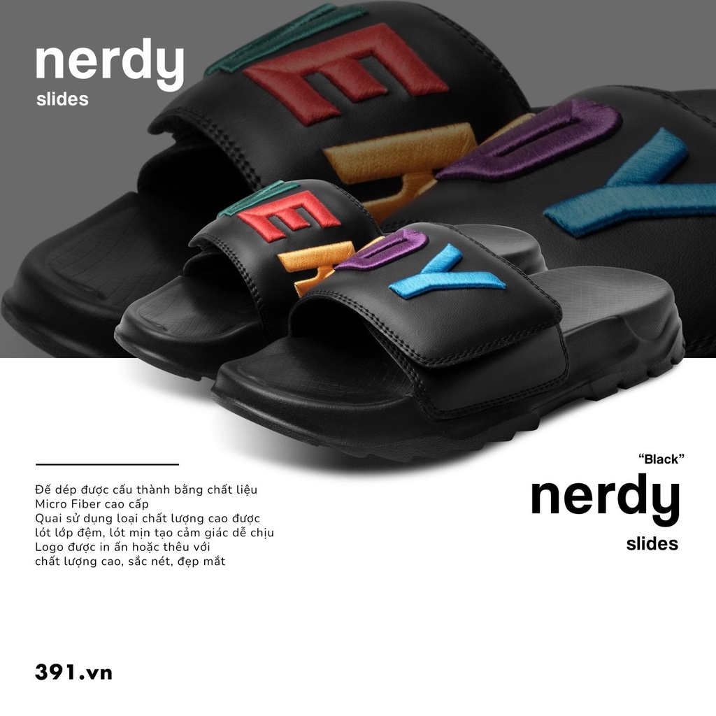 Dép NERDY - Đen Thêu Chữ Rainbow