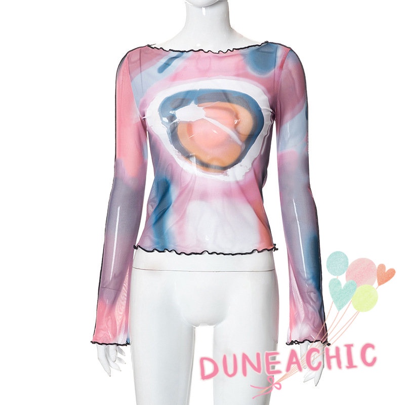 DUNEA Áo Thun Tay Dài In Họa Tiết Phối Lưới Thời Trang Cho Nữ