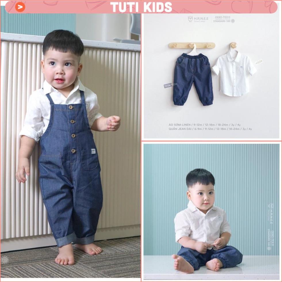 Set áo sơ mi, quần jean, yếm jean dài Bé Trai dài Tay Hrnee cao cấp thời trang cho bé Chính Hãng